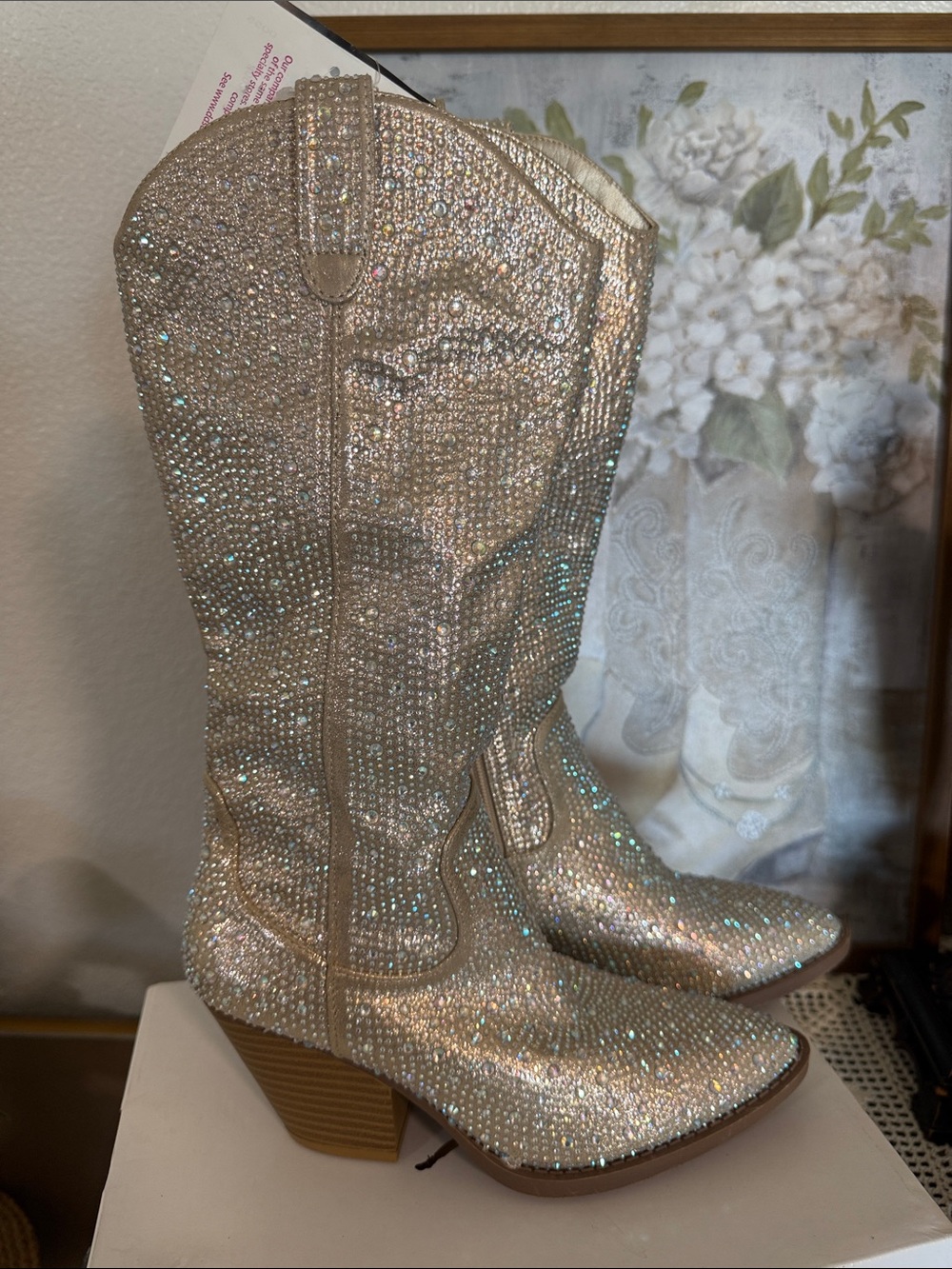 Crystal Rhinestone Western Heeled Boots - Women's Gold